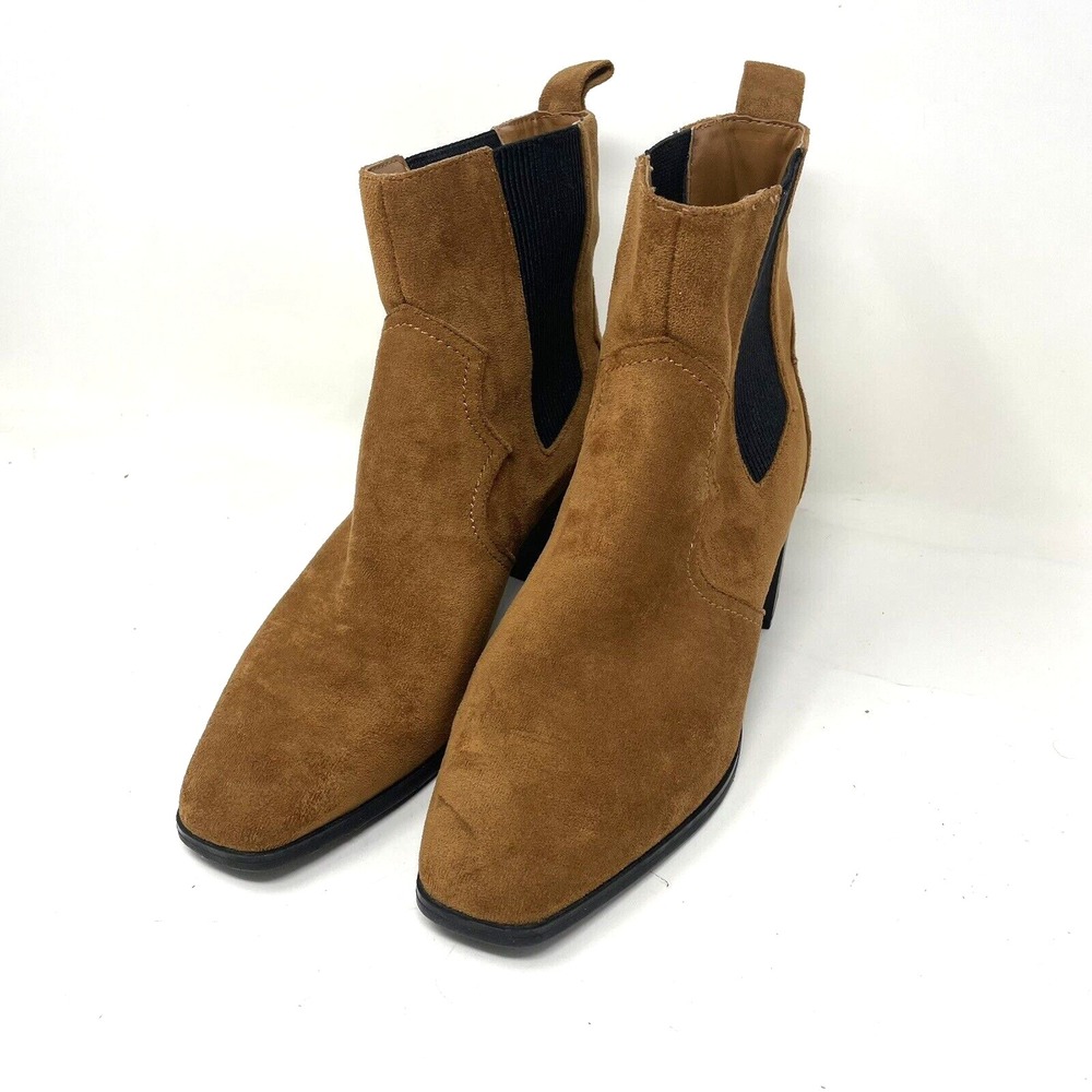 Forever 21 Brown Faux Suede Stretch Ankle Boots Size 7 Block Heel 3"